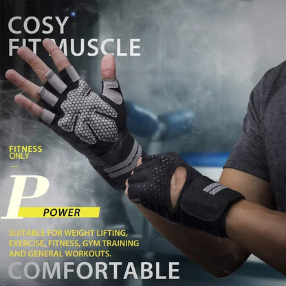 1Pair Half Finger Gym Fitness Gloves with Wrist Wrap Support for Men Women Crossfit Workout Power Weight Lifting Equipment