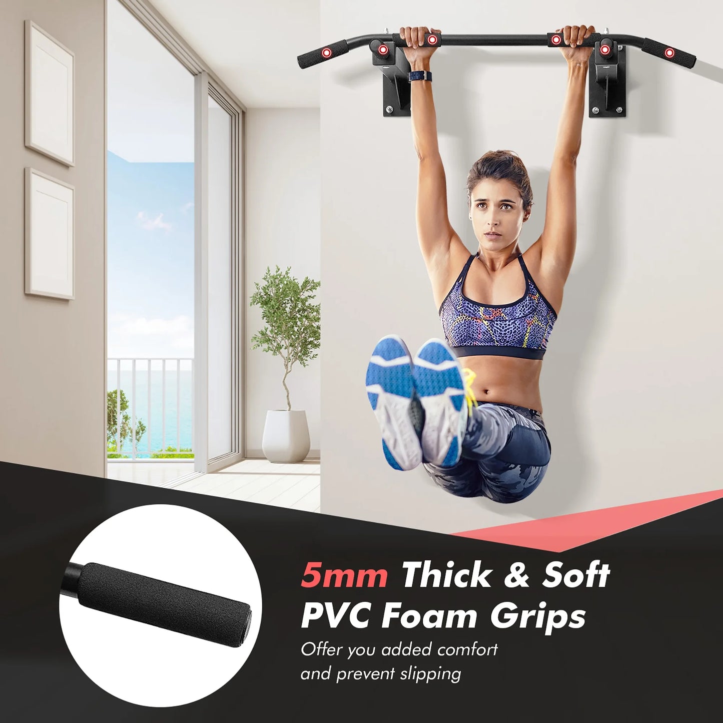 Wall Mounted Multi-Grip Pull up Bar W/Foam Handgrips Full Body Workout Home Gym