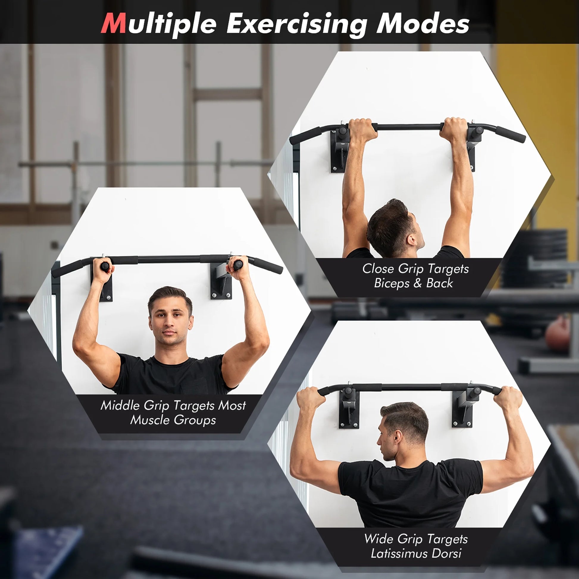 Wall Mounted Multi-Grip Pull up Bar W/Foam Handgrips Full Body Workout Home Gym