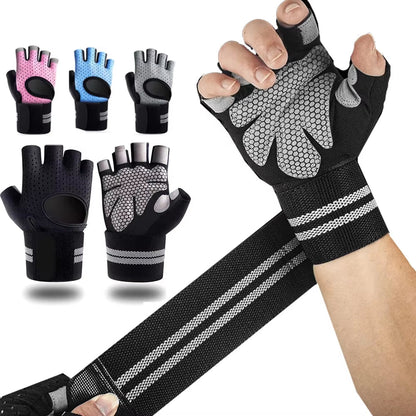 1Pair Half Finger Gym Fitness Gloves with Wrist Wrap Support for Men Women Crossfit Workout Power Weight Lifting Equipment